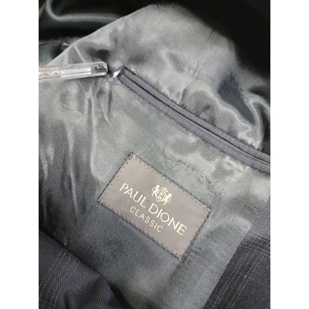 Paul Dione Wool Suit Sport Coat Blazer Dark Blue Windowpane 43R Pants 36x28.5